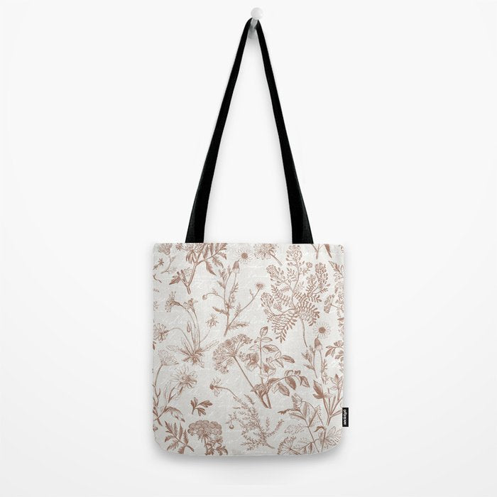 Meadow Floral Herbarium Cottagecore Botanical Monochromatic Pattern - Mocha Mousse  Tote Bag Gallery Image 2