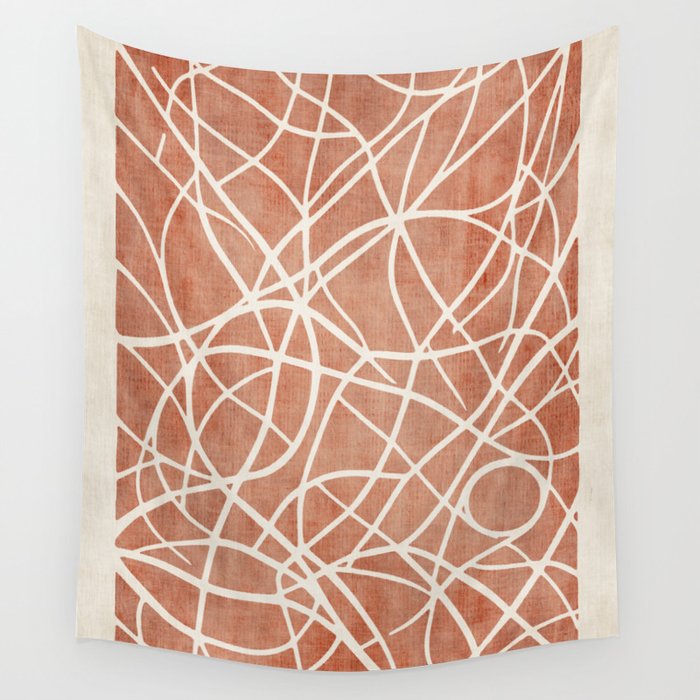 Terracotta White Lines Abstract Artwork Wall Tapestry Gallery Image 4
