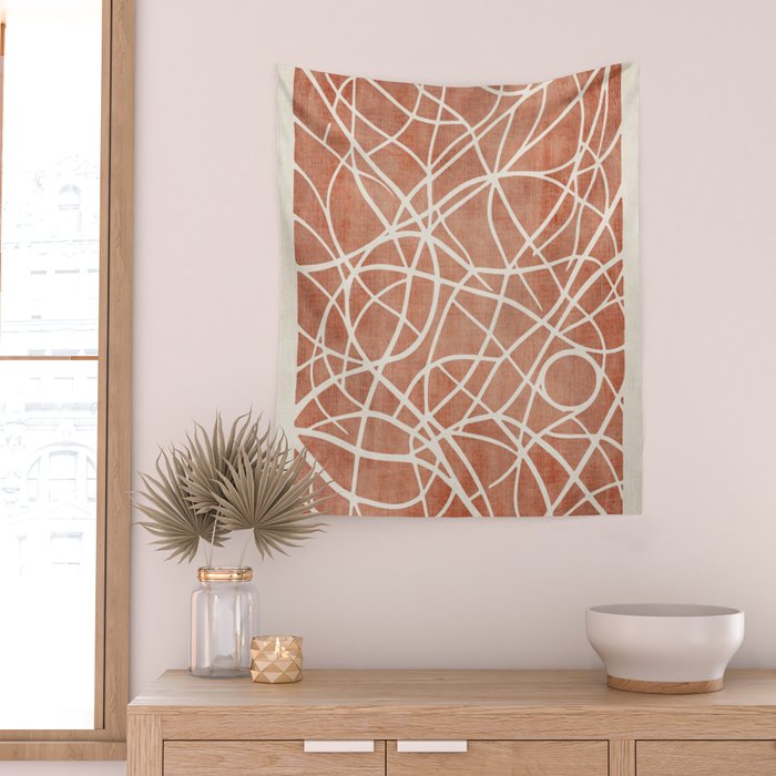 Terracotta White Lines Abstract Artwork Wall Tapestry Gallery Image 2