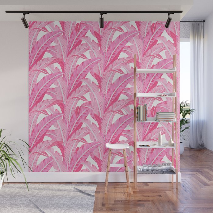 Pink banana leaves tropical pattern on white Wall Mural Gallery Image 1