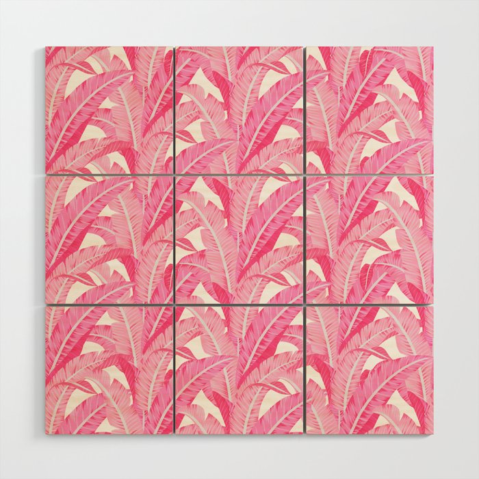Pink banana leaves tropical pattern on white Wood Wall Art Gallery Image 1