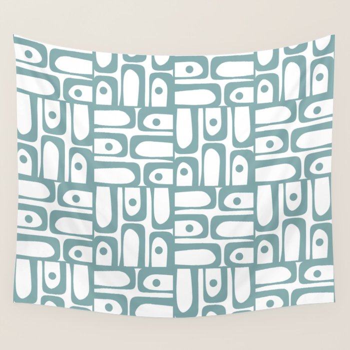 Mid Century Modern Piquet Multi Geometric Pattern in Vintage Blue Spruce and White Wall Tapestry Gallery Image 4