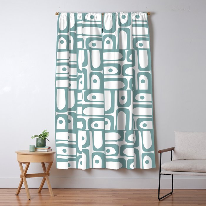 Mid Century Modern Piquet Multi Geometric Pattern in Vintage Blue Spruce and White Window Curtain Gallery Image 1