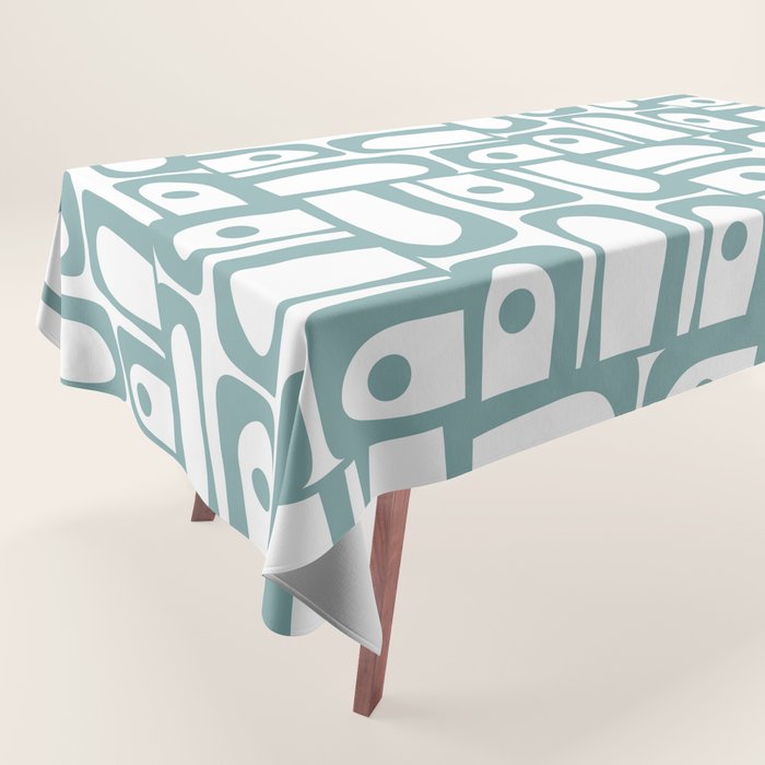 Mid Century Modern Piquet Multi Geometric Pattern in Vintage Blue Spruce and White Tablecloth Gallery Image 1