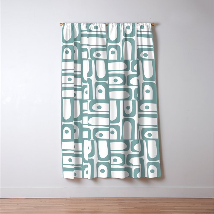 Mid Century Modern Piquet Multi Geometric Pattern in Vintage Blue Spruce and White Window Curtain Gallery Image 3