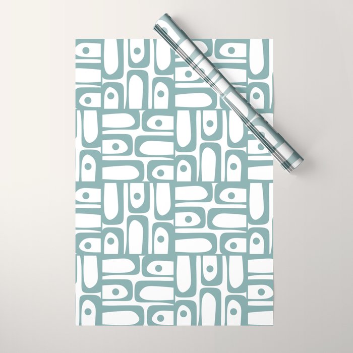 Mid Century Modern Piquet Multi Geometric Pattern in Vintage Blue Spruce and White Wrapping Paper Gallery Image 1
