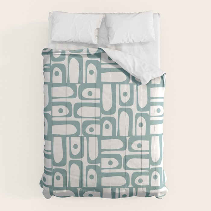 Mid Century Modern Piquet Multi Geometric Pattern in Vintage Blue Spruce and White Comforter Gallery Image 6