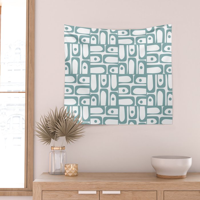 Mid Century Modern Piquet Multi Geometric Pattern in Vintage Blue Spruce and White Wall Tapestry Gallery Image 2