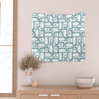 Mid Century Modern Piquet Multi Geometric Pattern in Vintage Blue Spruce and White Wall Tapestry Gallery Image 2