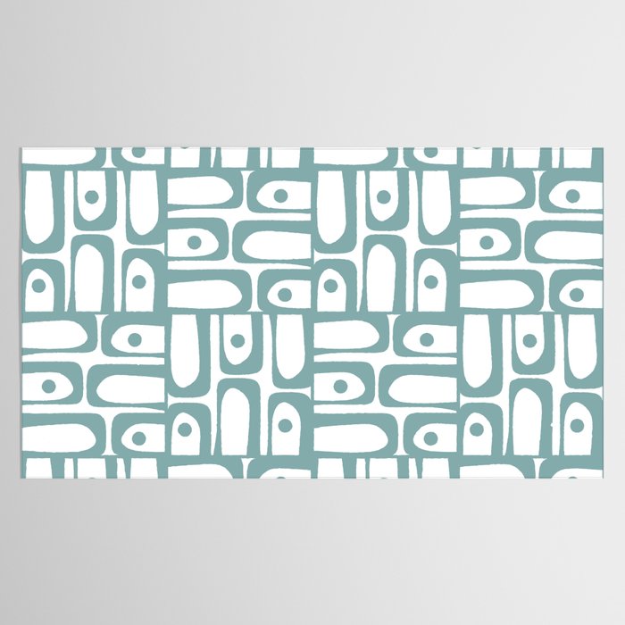 Mid Century Modern Piquet Multi Geometric Pattern in Vintage Blue Spruce and White Tablecloth Gallery Image 2