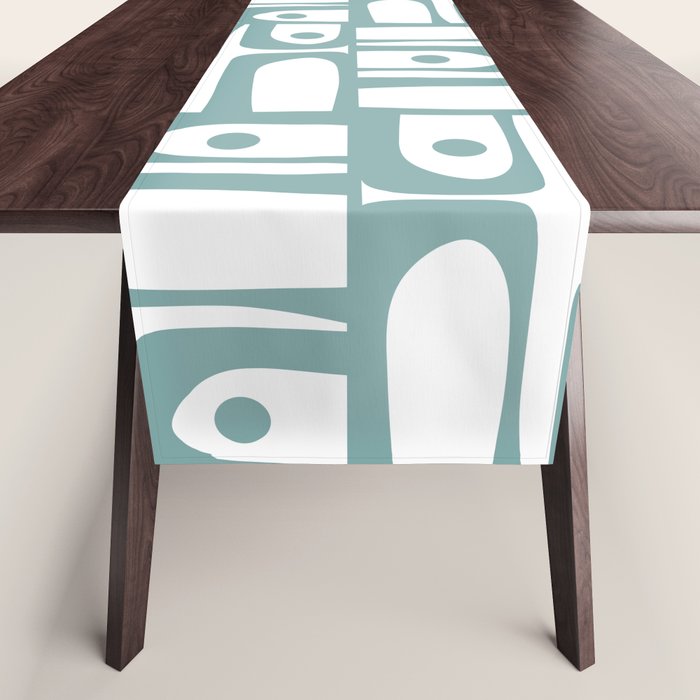 Mid Century Modern Piquet Multi Geometric Pattern in Vintage Blue Spruce and White Table Runner Gallery Image 1
