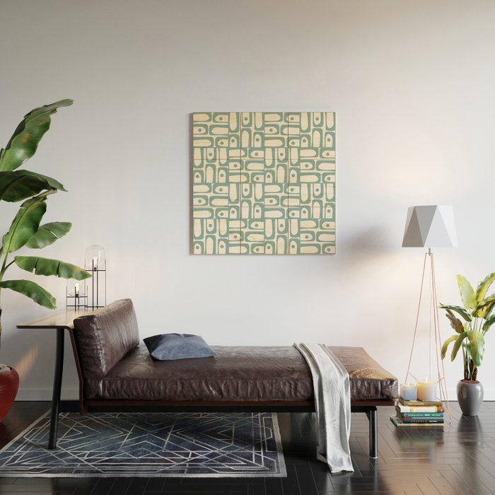 Mid Century Modern Piquet Multi Geometric Pattern in Vintage Blue Spruce and White Wood Wall Art Gallery Image 2
