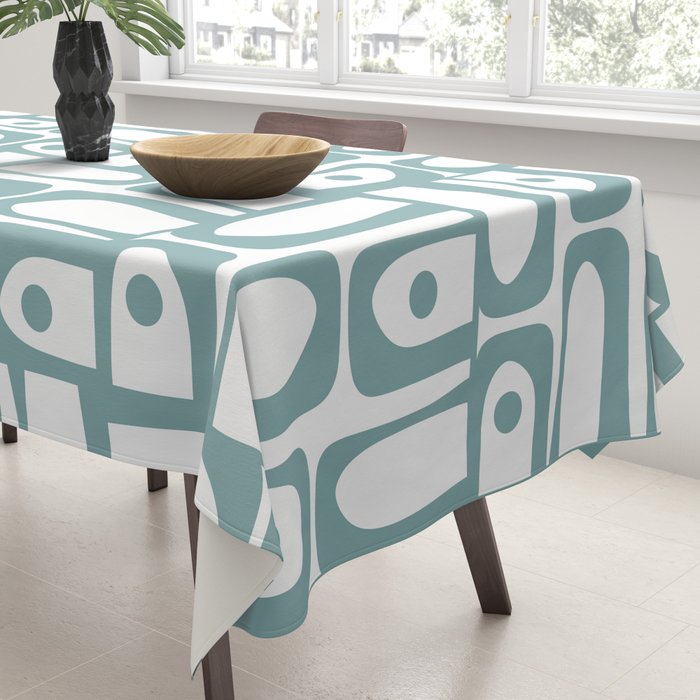 Mid Century Modern Piquet Multi Geometric Pattern in Vintage Blue Spruce and White Tablecloth Gallery Image 3