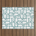 Mid Century Modern Piquet Multi Geometric Pattern in Vintage Blue Spruce and White Outdoor Rug Gallery Image 1