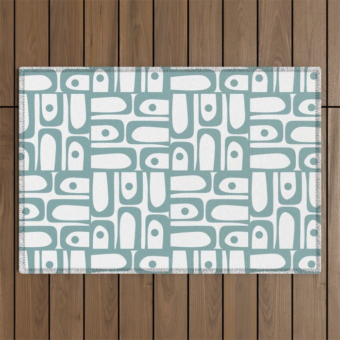 Mid Century Modern Piquet Multi Geometric Pattern in Vintage Blue Spruce and White Outdoor Rug Gallery Image 1