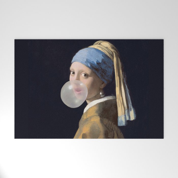 Girl with pearl earring blowing bubble gum Welcome Mat Gallery Image 1