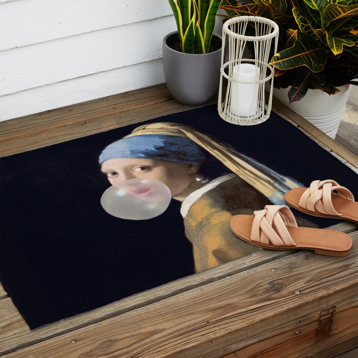 Girl with pearl earring blowing bubble gum Outdoor Rug Gallery Image 2