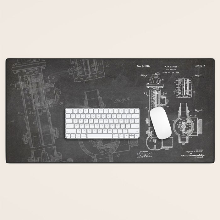 Fire Hydrant Patent - Fireman Fire House Art - Black Chalkboard Desk Mat Gallery Image 1