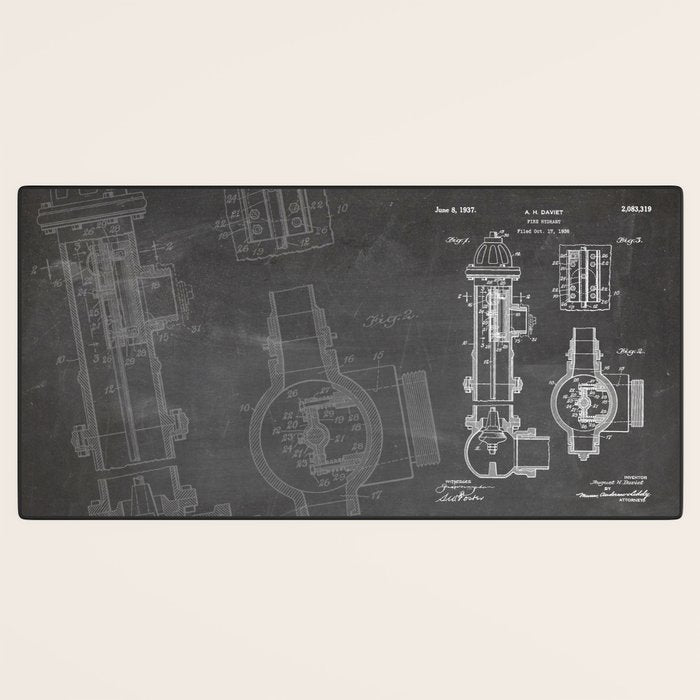 Fire Hydrant Patent - Fireman Fire House Art - Black Chalkboard Desk Mat Gallery Image 3