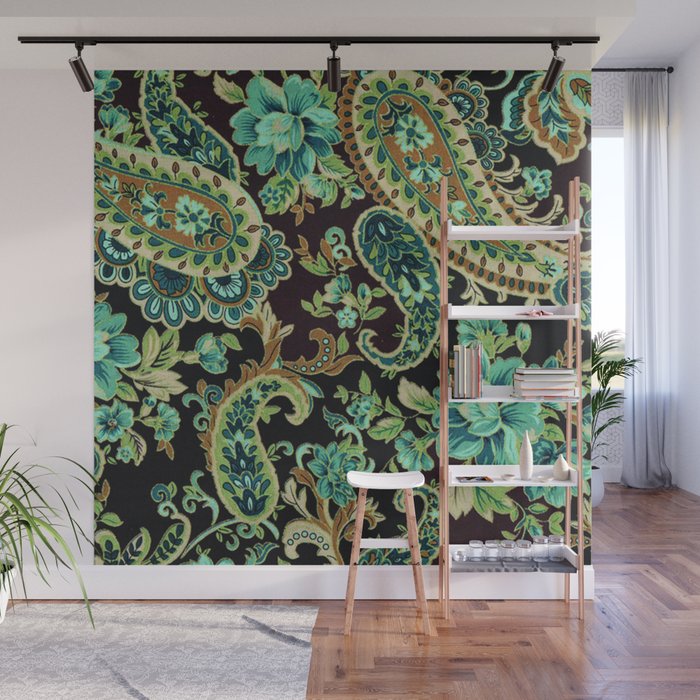 Brown Turquoise Paisley Floral Wall Mural Gallery Image 1