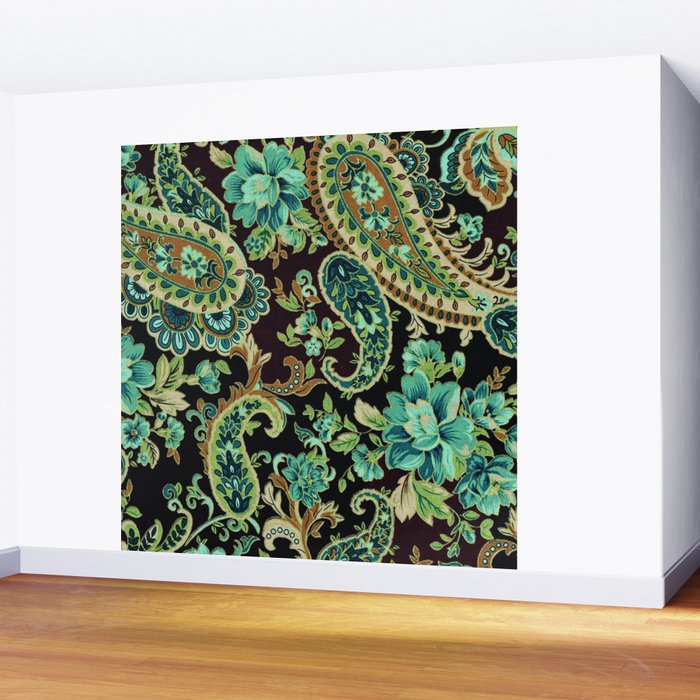 Brown Turquoise Paisley Floral Wall Mural Gallery Image 2