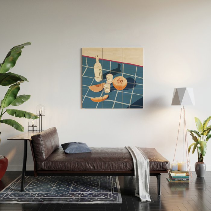 Melon Vodka Shots, Weekend Alcohol Party Fruits Beverages, Papaya Chill Pastel Eclectic Afternoon, Slow Living Honeydew Indigo Tiles Bohemian Painting Wood Wall Art Gallery Image 2