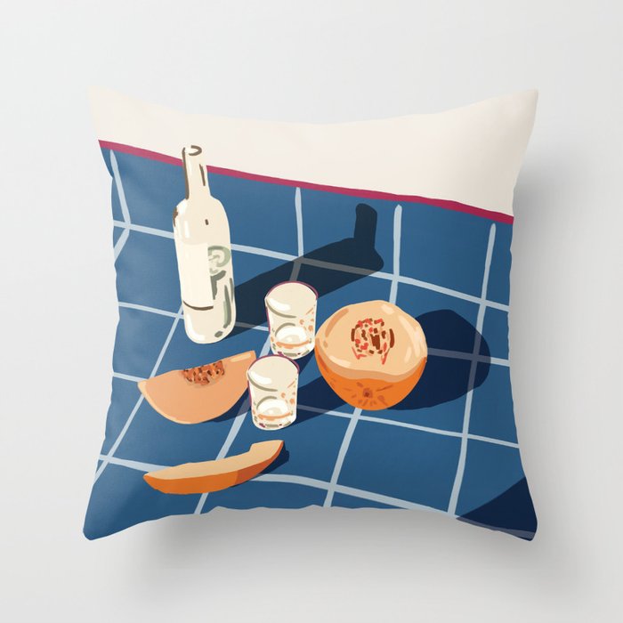 Melon Vodka Shots, Weekend Alcohol Party Fruits Beverages, Papaya Chill Pastel Eclectic Afternoon, Slow Living Honeydew Indigo Tiles Bohemian Painting Throw Pillow Gallery Image 6