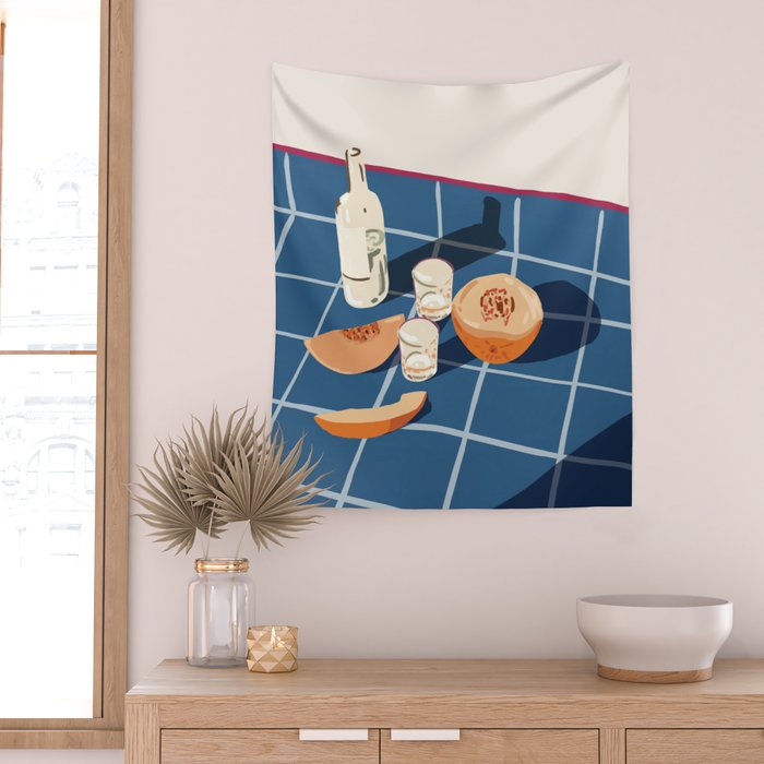 Melon Vodka Shots, Weekend Alcohol Party Fruits Beverages, Papaya Chill Pastel Eclectic Afternoon, Slow Living Honeydew Indigo Tiles Bohemian Painting Wall Tapestry Gallery Image 2