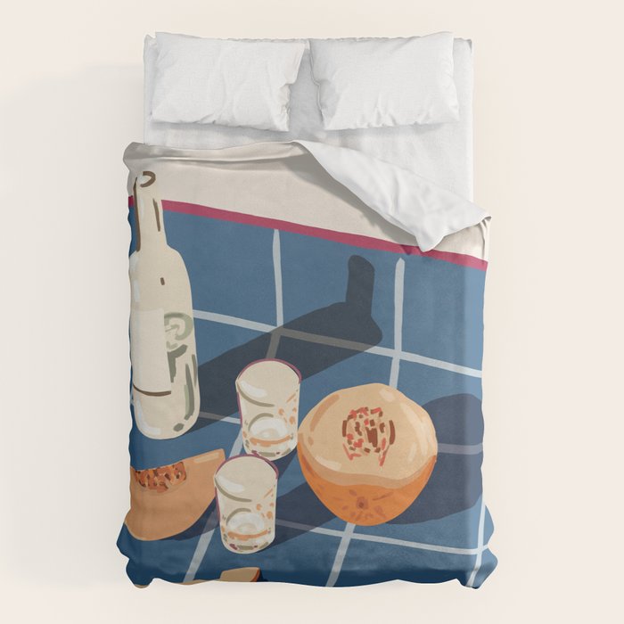 Melon Vodka Shots, Weekend Alcohol Party Fruits Beverages, Papaya Chill Pastel Eclectic Afternoon, Slow Living Honeydew Indigo Tiles Bohemian Painting Duvet Cover Gallery Image 6