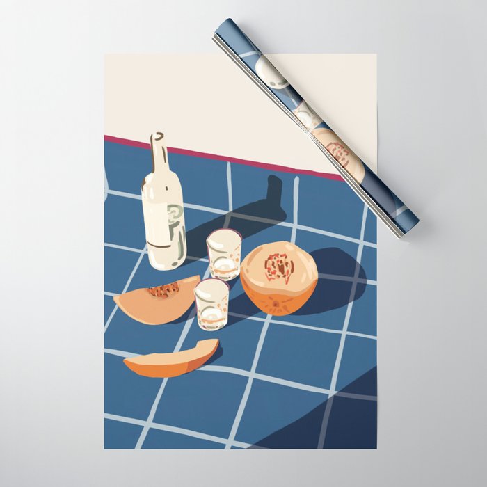 Melon Vodka Shots, Weekend Alcohol Party Fruits Beverages, Papaya Chill Pastel Eclectic Afternoon, Slow Living Honeydew Indigo Tiles Bohemian Painting Wrapping Paper Gallery Image 1