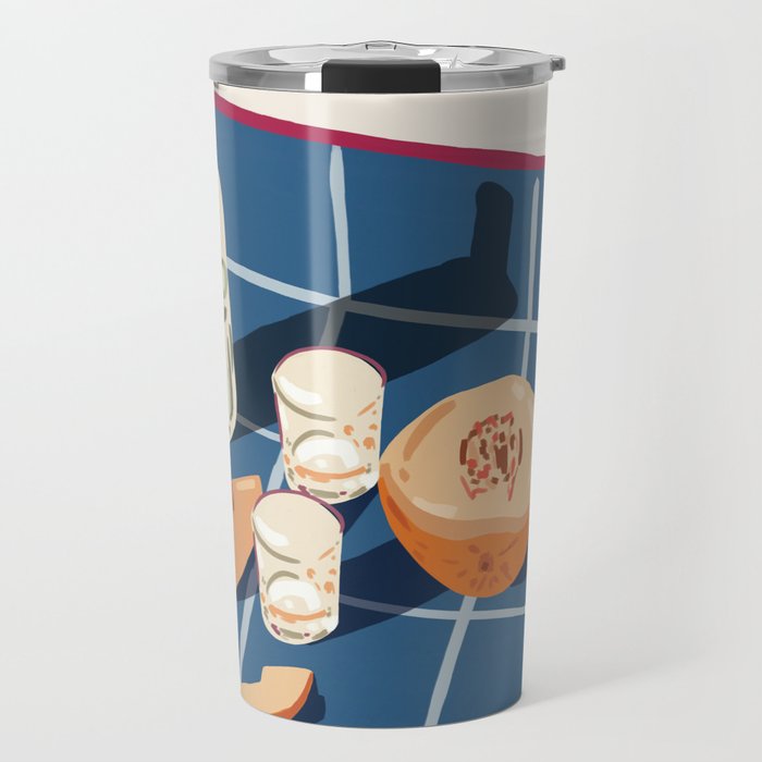 Melon Vodka Shots, Weekend Alcohol Party Fruits Beverages, Papaya Chill Pastel Eclectic Afternoon, Slow Living Honeydew Indigo Tiles Bohemian Painting Travel Mug Gallery Image 1