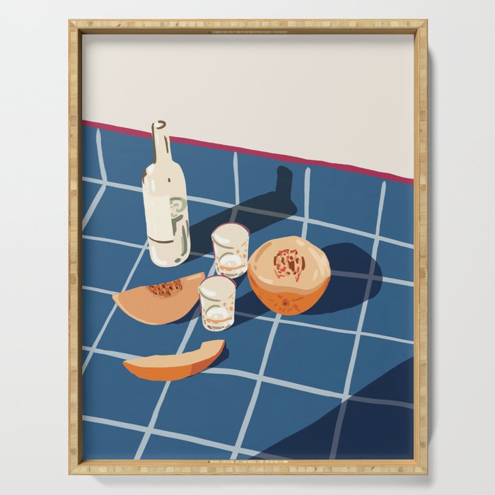 Melon Vodka Shots, Weekend Alcohol Party Fruits Beverages, Papaya Chill Pastel Eclectic Afternoon, Slow Living Honeydew Indigo Tiles Bohemian Painting Serving Tray Gallery Image 1