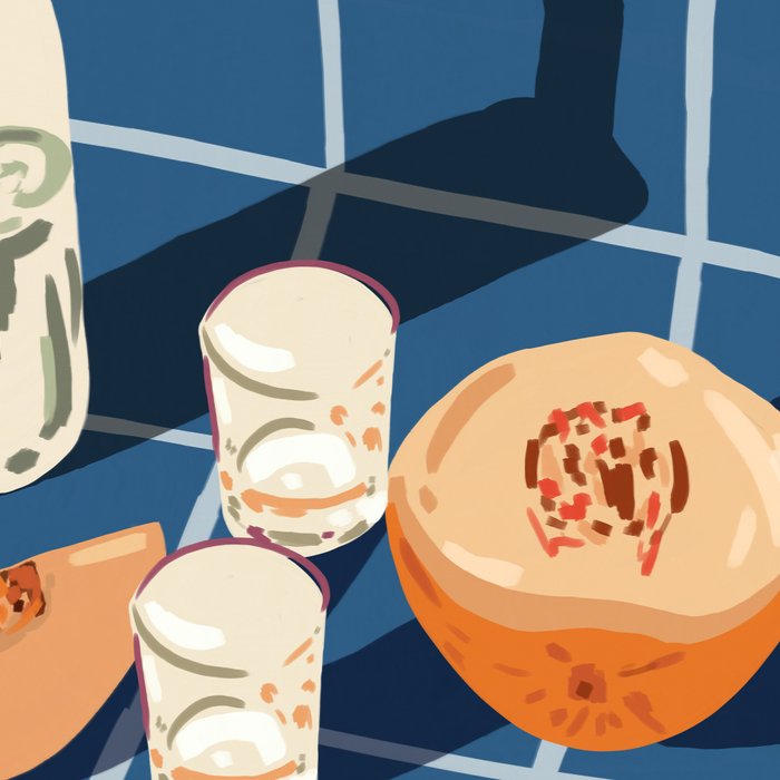 Melon Vodka Shots, Weekend Alcohol Party Fruits Beverages, Papaya Chill Pastel Eclectic Afternoon, Slow Living Honeydew Indigo Tiles Bohemian Painting Coffee Mug Gallery Image 2