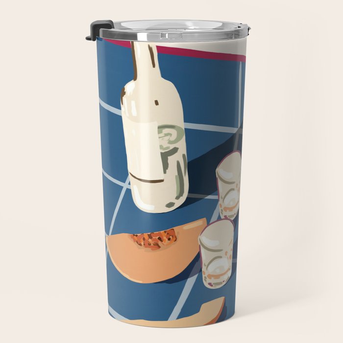 Melon Vodka Shots, Weekend Alcohol Party Fruits Beverages, Papaya Chill Pastel Eclectic Afternoon, Slow Living Honeydew Indigo Tiles Bohemian Painting Travel Mug Gallery Image 3