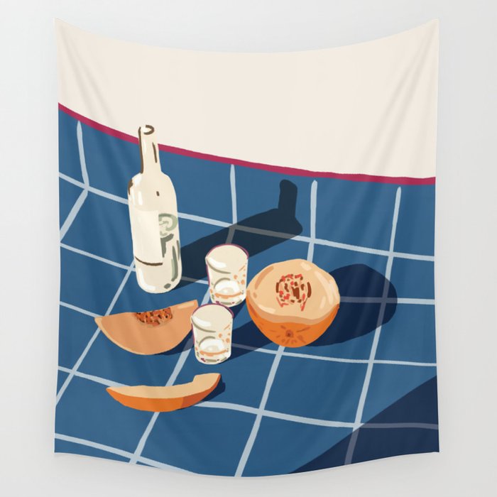 Melon Vodka Shots, Weekend Alcohol Party Fruits Beverages, Papaya Chill Pastel Eclectic Afternoon, Slow Living Honeydew Indigo Tiles Bohemian Painting Wall Tapestry Gallery Image 4