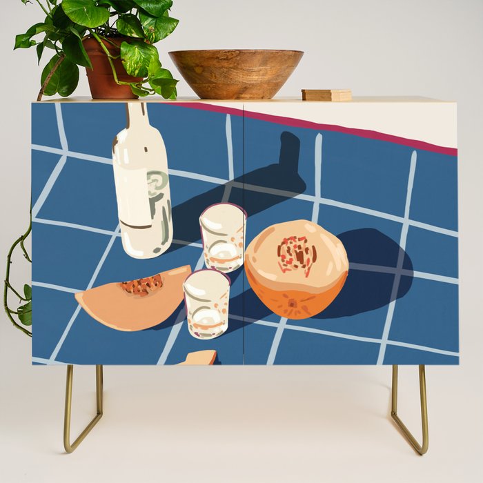 Melon Vodka Shots, Weekend Alcohol Party Fruits Beverages, Papaya Chill Pastel Eclectic Afternoon, Slow Living Honeydew Indigo Tiles Bohemian Painting Credenza Gallery Image 1