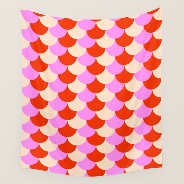 Scale Pattern / Art-deco - Pink, Red and Cream White Wall Tapestry Gallery Image 4