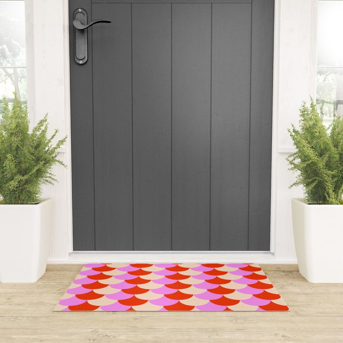Scale Pattern / Art-deco - Pink, Red and Cream White Welcome Mat Gallery Image 3