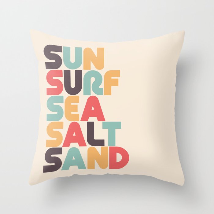 Sun Surf Sea Salt Sand Typography - Retro Rainbow Throw Pillow Gallery Image 1