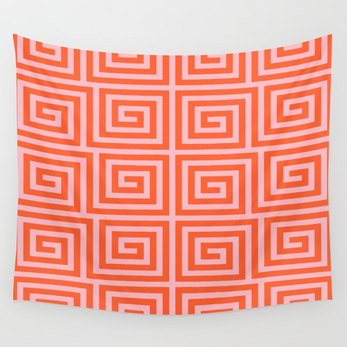 Greek Key Pattern 133 Orange and Pink Wall Tapestry Gallery Image 1
