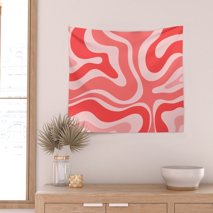 Retro Modern Liquid Swirl Abstract Pattern in Coral Pink Wall Tapestry Gallery Image 2