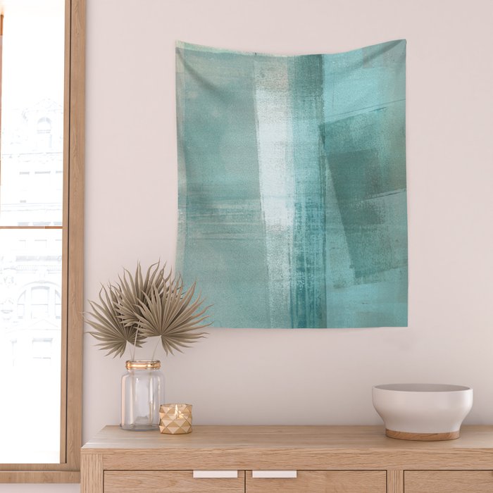 Turquoise Aqua Taupe Geometric Abstract Painting 3 Wall Tapestry Gallery Image 2