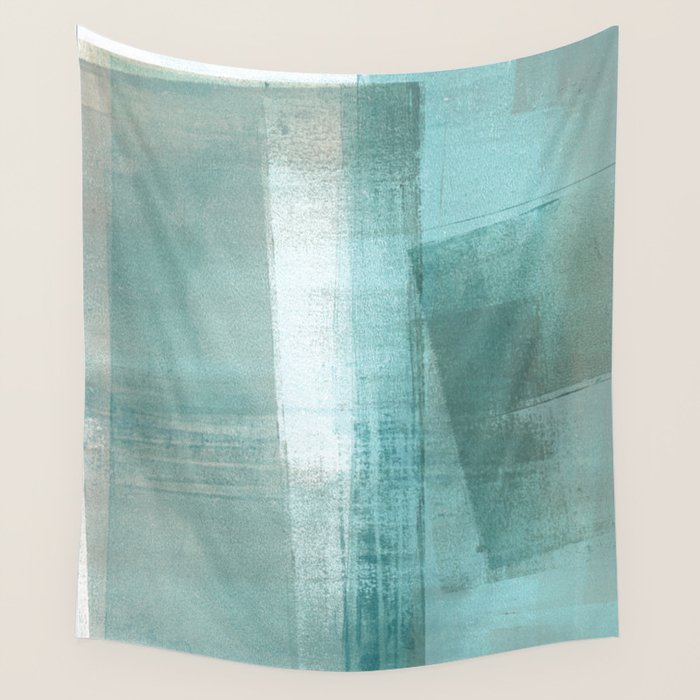 Turquoise Aqua Taupe Geometric Abstract Painting 3 Wall Tapestry Gallery Image 4
