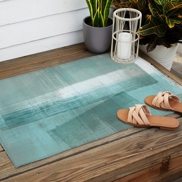 Turquoise Aqua Taupe Geometric Abstract Painting 3 Outdoor Rug Gallery Image 2