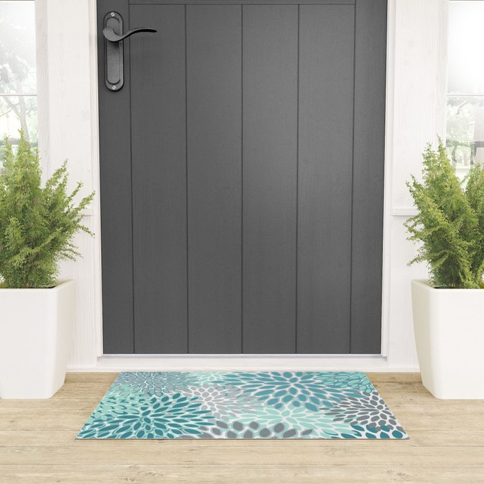 Modern, Floral Prints, Teal and Gray Welcome Mat Gallery Image 3