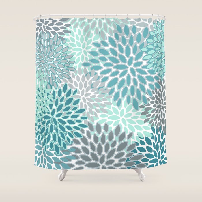 Modern, Floral Prints, Teal and Gray Shower Curtain Gallery Image 1