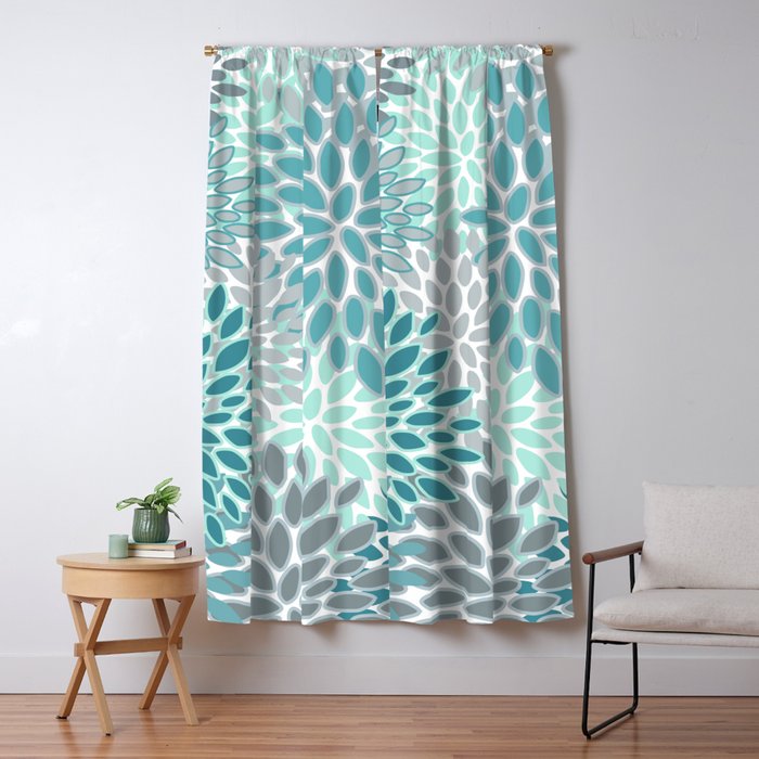 Modern, Floral Prints, Teal and Gray Window Curtain Gallery Image 5