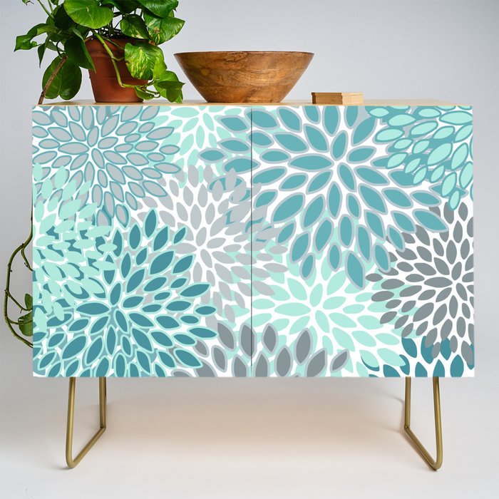 Modern, Floral Prints, Teal and Gray Credenza Gallery Image 1