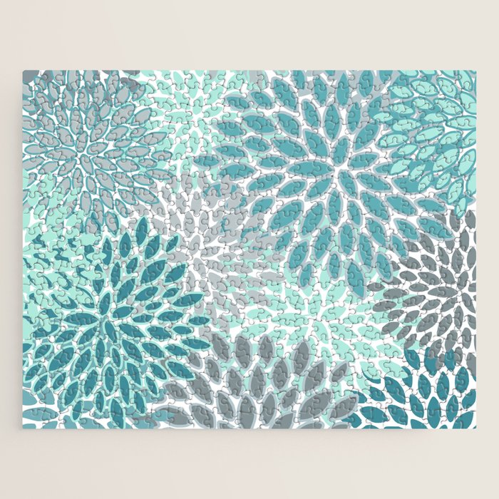Modern, Floral Prints, Teal and Gray Jigsaw Puzzle Gallery Image 1