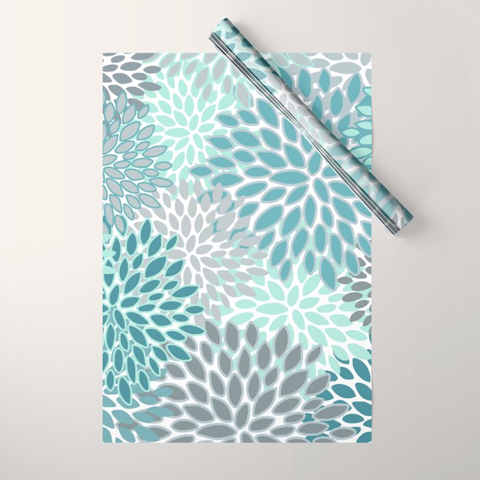 Modern, Floral Prints, Teal and Gray Wrapping Paper Gallery Image 1